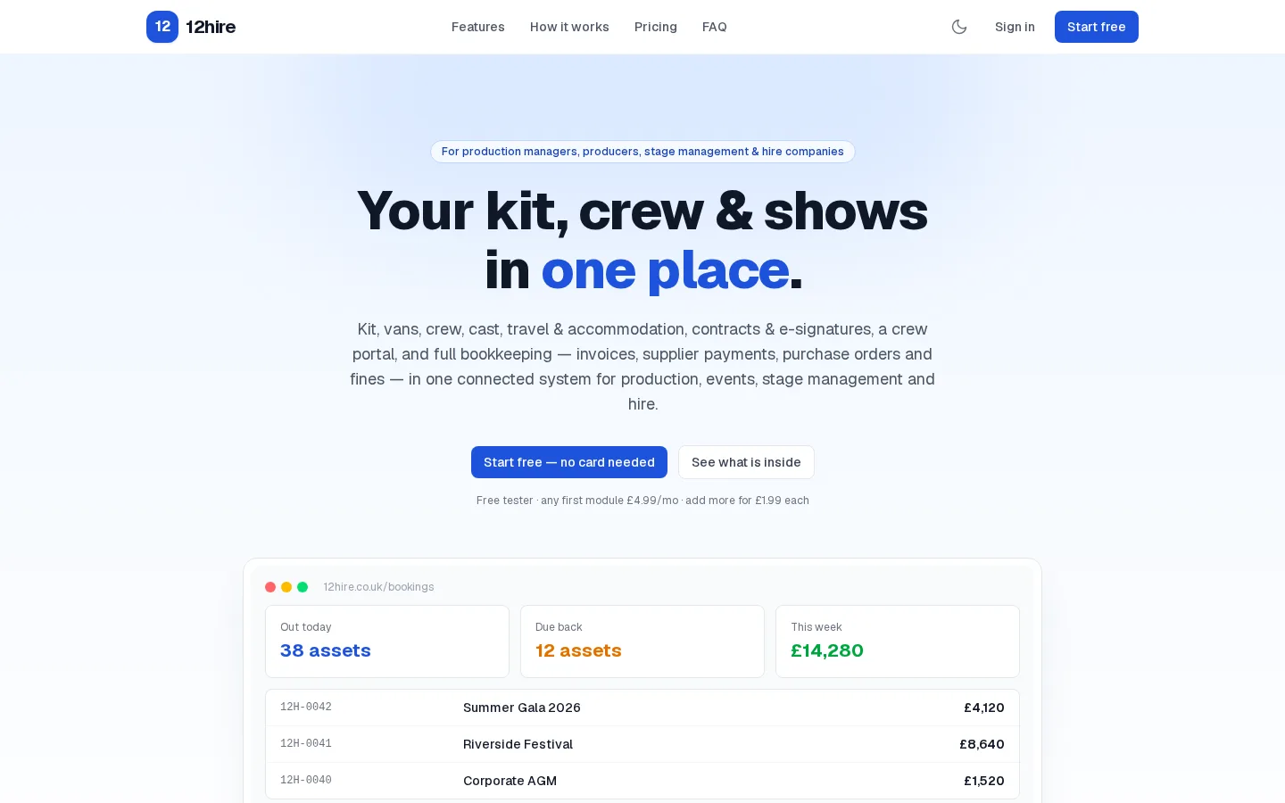 Screenshot of the 12hire.co.uk homepage, a hire and production management platform built by Ultra Cloud