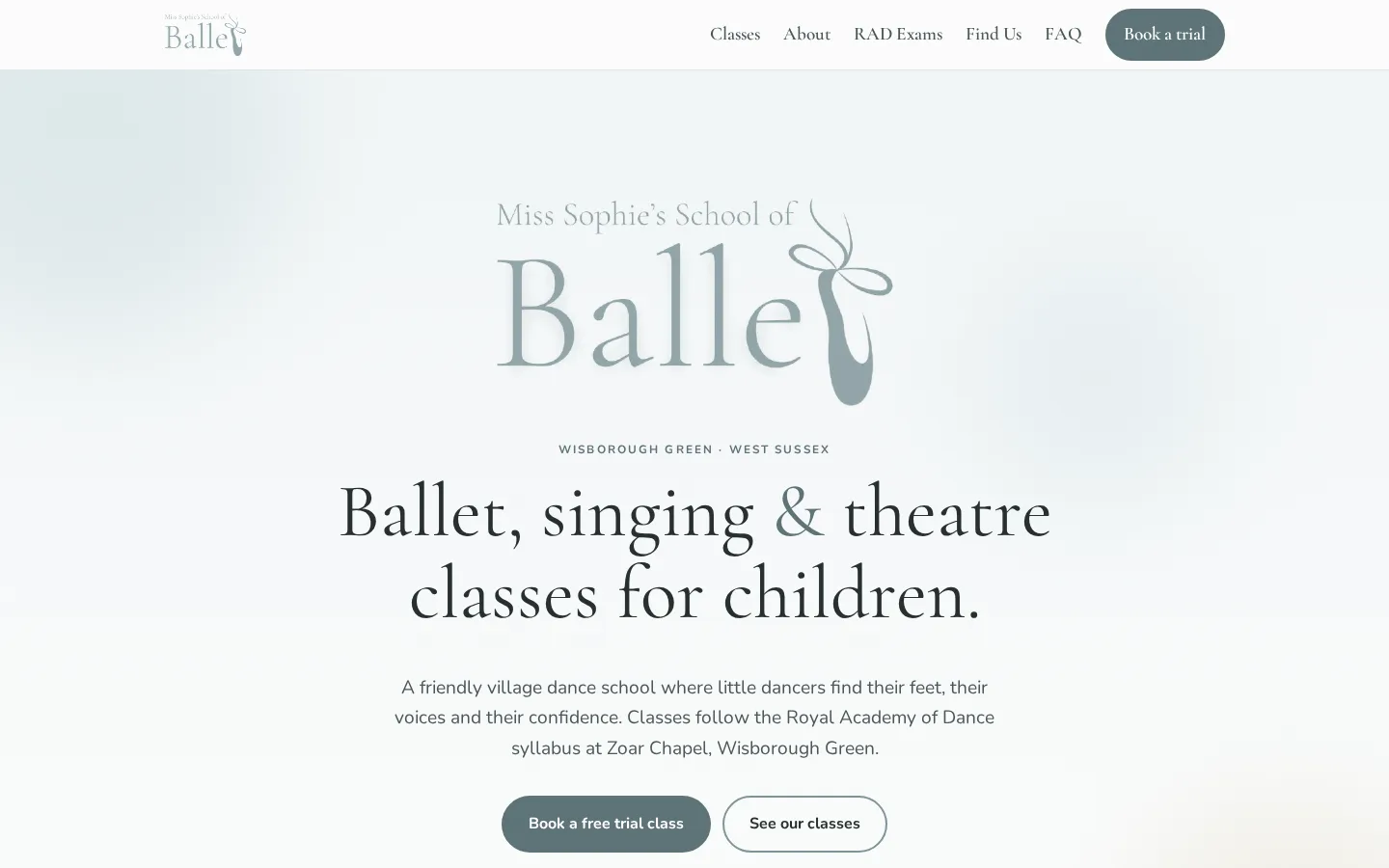 Screenshot of the Miss Sophie's School of Ballet website, built by Ultra Cloud