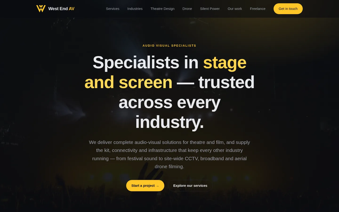 Screenshot of the westendav.co.uk homepage, a London audio-visual company website built by Ultra Cloud